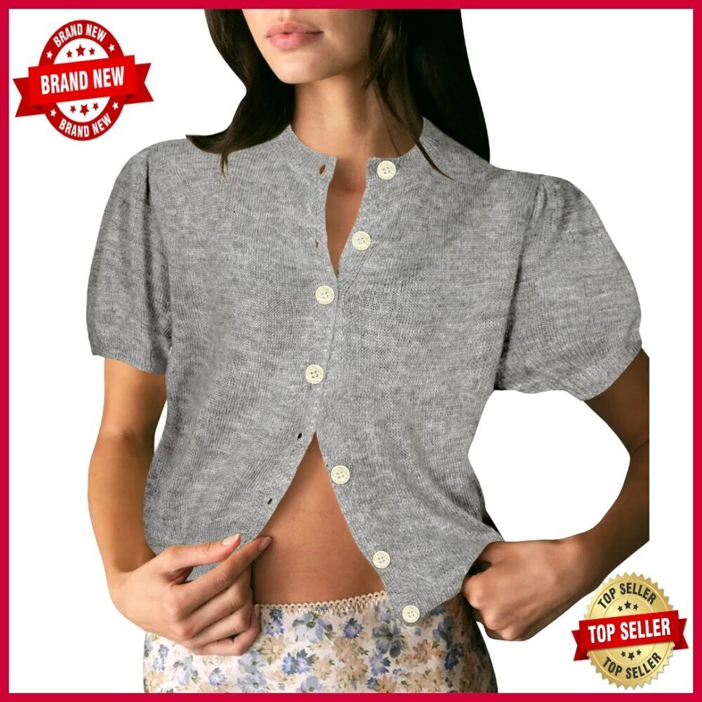 Cropped Puff Sleeve Cardigan Lightweight Knit Button Up Summer Sweater